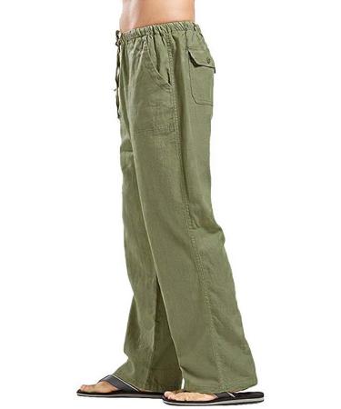 Men's Linen Beach Pants - Casual Loose Fit Lightweight Elastic Waist Trousers - Army Green - Buy Online on GoSupps.com