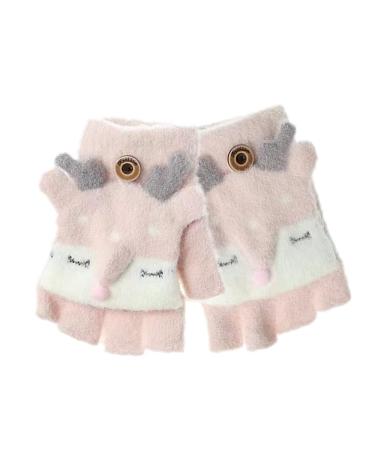 Unisex Kids Winter Warm Soft Gloves Thermal Flip Top Gloves Cute Cartoon Animal Fox Half Finger Gloves Convertible Fingerless Mittens Biking Cycling Gloves for 2-8Y Baby Girls Boys Toddler Pink