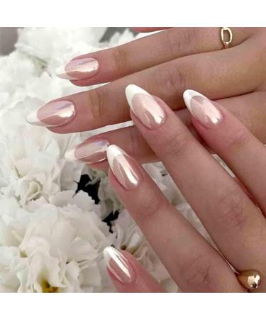 Foccna 24Pcs French Press on Nails Medium White Fake Nails Almond Nails Glazed Glossy False Nails Acrylic Nails for Women and Girls