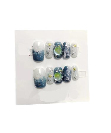 Handmade Nail Wearing and Hand Painted Snow Mountain Winter Short Nail Removable False Nail(XS)