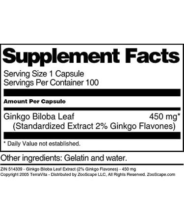 Ginkgo Biloba Leaf Extract (2% Ginkgo Flavones) - 450 mg (100 Capsules ZIN: 514339) - 3 Pack - Buy Online on GoSupps.com