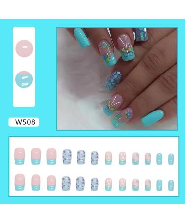 24pcs Glossy Square Press on Nails - Blue Green Butterfly Design | Medium Fake Acrylic Nails for Women - Full Cover Glue on Nail Art - Buy Online on GoSupps.com