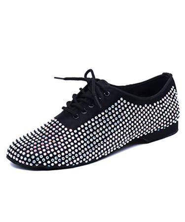 TDA Men's Comfort Standard Low Heel Soft Outsole Satin Studded Rhinestones Tango Ballroom Salsa Chacha Character Latin Modern Dance Shoes 10.5 Black-2.5cm Heel