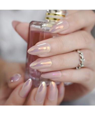 Medium Shiny Misty Rose Full Cover Almond Fake Nails - Elegant Duo Chrome Design for Sexy and Simple Nail Art - Buy Online on GoSupps.com
