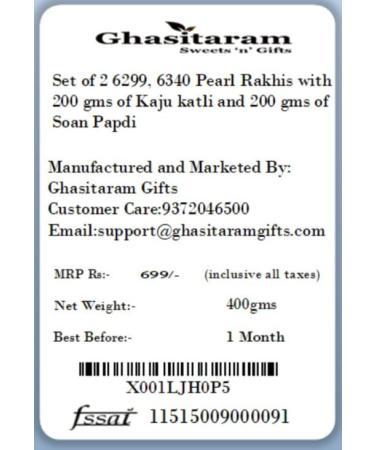 Ghasitaram Gifts Rakhi for Brother Rakhis Online - Set of 2 6299 6340 Pearl Rakhis with 200 GMS of Kaju katli and 200 GMS of Soan Papdi - Buy Online on GoSupps.com