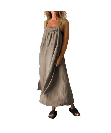 iOoppek Casual Cotton Linen Suspender Dress for Women Spring Summer White Shirt Ladies Beach Dress Khaki 3XL