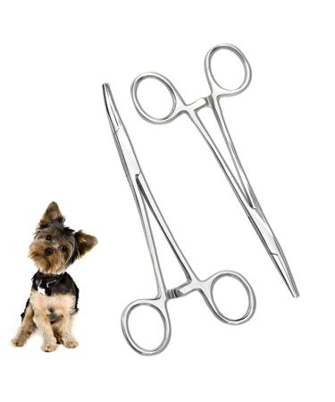 Chi-buy Pets ears/nose hair Puller Straight & Curved full serrated, stainless steel Home Hemostat Locking Forceps, Professional pet grooming tool for cats & dogs 2pcs set