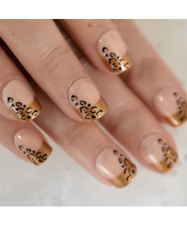 24pcs Leopard Print Short Square French Tip Artificial Nails - Trendy Nail Art for Stylish Looks - Buy Online on GoSupps.com