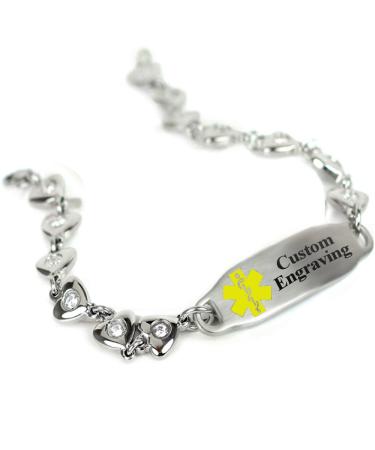 Custom Engraved Medical Bracelet 316L Stainless Steel Hearts Round 2mm Cubic Zirconia - Wrist Size 8.5 Inch