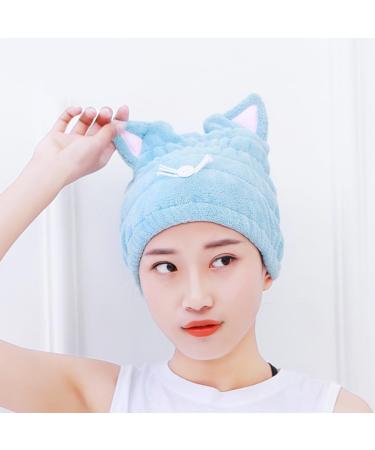Cute Cat Hair Towel Cap - Quick Dry Coral Velvet Turban for Women & Kids | Sky Blue Bathroom Towel Hat for Curly & Long Hair - Buy Online on GoSupps.com