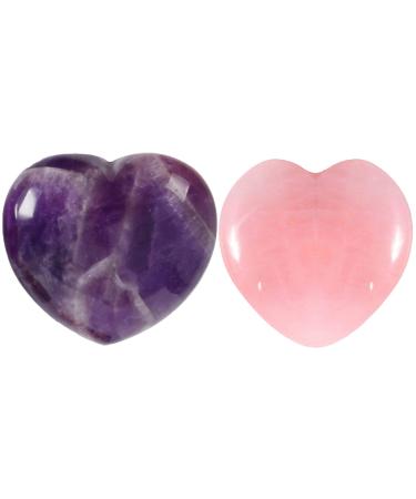 Amethyst Rose Quartz Crystals Heart Worry Stones Anxiety Palm Stone Healing Chakra Stress Gemstone for Jewllery Making Reiki Meditation Therapy Smooth Pocket Thumb Mini Crystals(2Pcs) Purple+pink