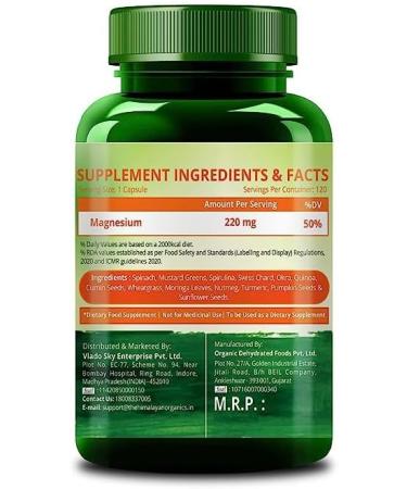 Plant Based Magnesium Supplement 220mg with Turmeric, Spirulina, Wheatgrass, Moringa - 120 Veg Capsules | Supports Bone, Muscle Health & Energy Boost - Buy Online on GoSupps.com