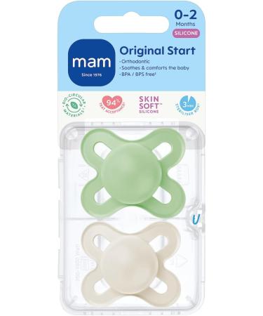 MAM Original Start Soother 0-2 Months (Pack of 2) Baby Soother Made from Sustainable Material SkinSoft Silicone Teat with MAM Soother Case Cream Plain Stone - Buy Online on GoSupps.com
