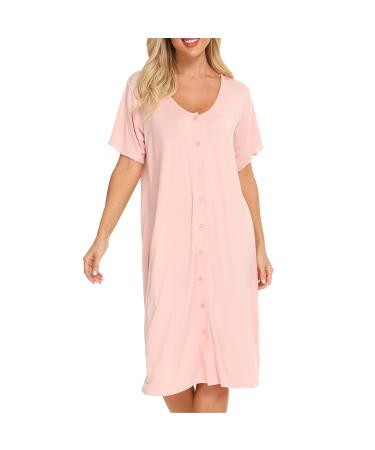Jecarden Women's Maternity Nightgowns Short Sleeve Hospital Childbirth Nightgown Sleepwear Modal Cotton Nightgown with Comfortable Buttons Pink S