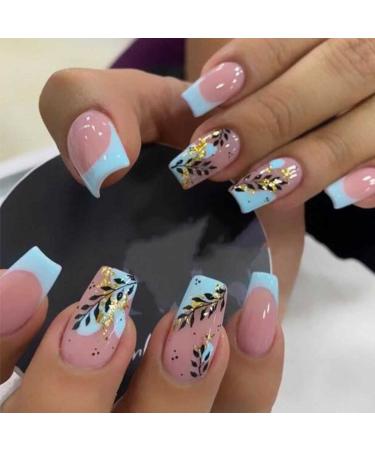 Foccna 24pcs Pink Fake Nails Square French Tip Press on Nails Medium Glossy Blue False Nail Tips Artificial Finger Manicure for Women Multicolor 24 Piece Set