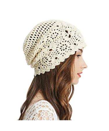 ZLYC Women Cotton Crochet Slouchy Beanie Hat Handmade Knit Cutout Summer Floral Skull Cap Solid Beige