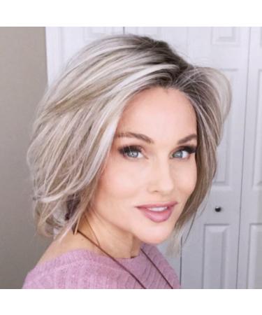 XIUFAXIRUSI XIUFAXIRUSI Grey Short Bob Wigs for White Women Mixed Brown Bob Wig Ombre Silver Straight Bob Wig Heat Resistant Synthetic Hair Wig gray