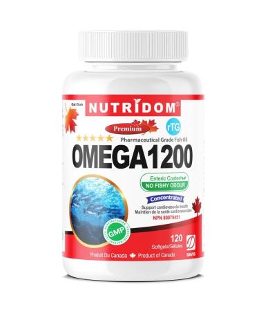 Nutridom Omega-3 Fish Oil 1 000 mg Enteric No Fishy Aftertaste Fish Oil Supplement with EPA & DHA Fatty Acids Supports Heart Brain and Joint Health (120 Count)