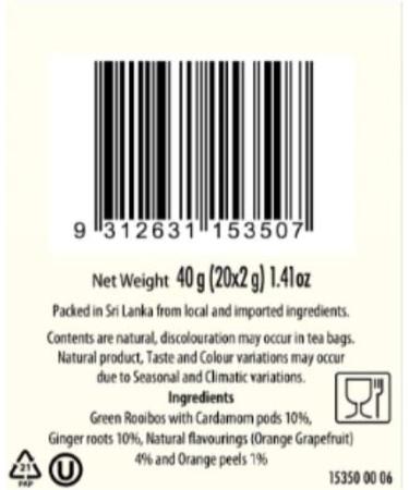 Dilmah Green Rooibos with Cardamon Ginger & Orange Infusion Tea 20's 40gm Case Pack of 6 - Buy Online on GoSupps.com