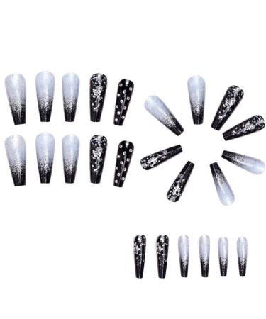 Joselin Black Gradient Applique Diamond False Nails Long Coffin Nail Tips Glitter Diamond Nails Nail Art