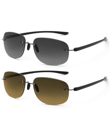 Devirld 2 pairs of borderless bifocal reading glasses UV400 protection sports sunglasses sun reader retro classic safety f there for women and men black and brown 2.0 x