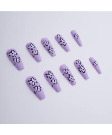 Xerling Purple Butterfly Press on Nails - 24Pcs Long Coffin Full Cover False Nails for Women & Girls - Buy Online on GoSupps.com