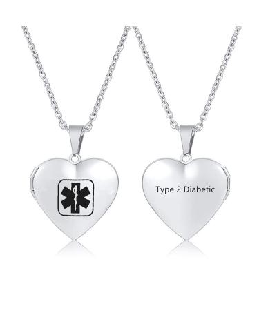ZKXXJ Emergency Medical Alert Necklaces for Women Girl - Locket Necklace That Holds Pictures - Stainless Steel Identification Pendant Allergy Awareness Jewelry Gifts for Mom Daugter Wife Girlfriend Type 2 Diabetic