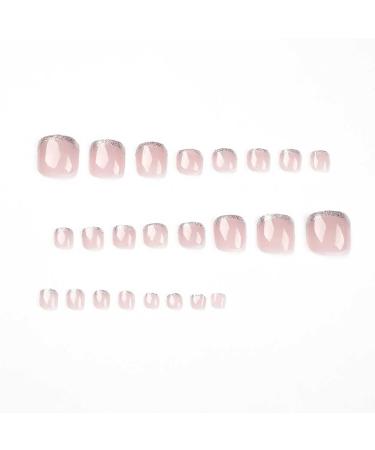 Glitter Pink Square Fake Toenails | French Tip Acrylic Summer Toe Nails - 24Pcs - Buy Online on GoSupps.com