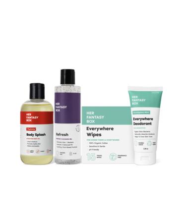 Her Fantasy Box | Soft & Clean Body Hygiene Kit 4-Piece Feminine Care Set with Refresh pH-Balanced Wash Yummy Body Splash Everywhere Wipes & Deodorant Odor-Control Sensitive Skin Safe