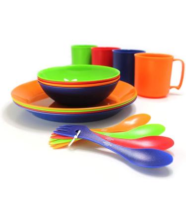 Camping Mess Kit 4 Person Dinnerware Set with Mesh Bag - Plates, Bowls, Cups, Sporks - Ideal for Backpacking, Hiking, Picnics - Buy Online on GoSupps.com