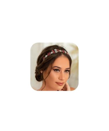 IYOU Crystal Bridal Headband Sparkly Rhinestone Wedding Hair Bands Crown Flower Headpiece Tiara Prom Party Hair Accessories for Brides and Bridesmaid Red