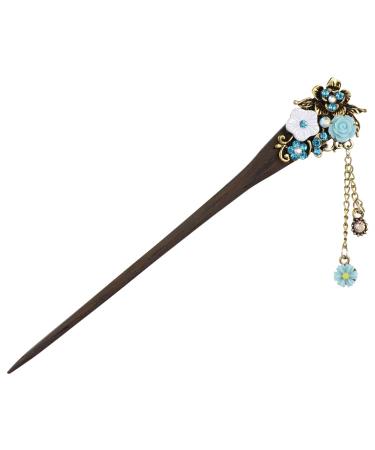 minkissy Wooden Hair Stick Vintage Bronze Hair Pin Chopsticks Traditional Flower Hairpin for Women Hair Styling (Blue)