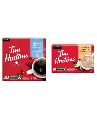 Tim Hortons French Vanilla Coffee Keurig K-Cup Pods Flavoured Medium Roast 30 Count (Imported from Canada) & French Vanilla Cappuccino Flavoured Coffee Single Serve Keurig K-Cup Pods 10 Count