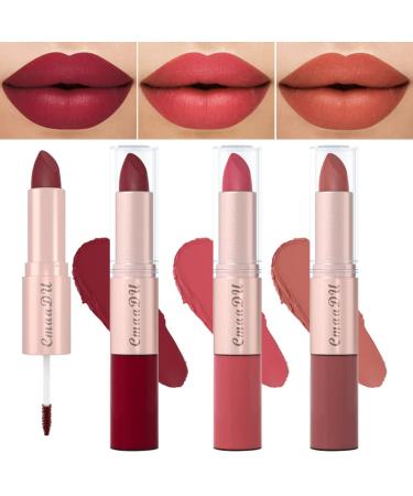 evpct 2 In 1 Wine Red Mauve Nude Pink Brown Matte Lipstick & Long Lasting Smudge Proof Liquid Lipstick Lip Gloss Stain 3Pcs Set for Women Matte Mate Vegan Long Lasting Lipstick 24 Hour Pack Waterproof D-3Pcs-040506 3 ...