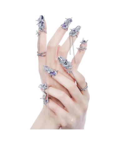 10Pcs Finger Tip Nail Rings for Women Girls, Adjustable Opening Nail Art Charms Accessories, Finger Tip Ring Claw Rings Nail, Irregular Fingertip Nail Armor Ring Punk Jewelry Set