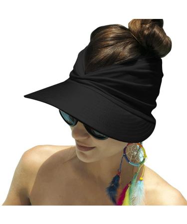 Mukeyo Women Sun Visor Hat Wide Brim Summer UV Protection Visors Packable Ponytail Beach Cap Black