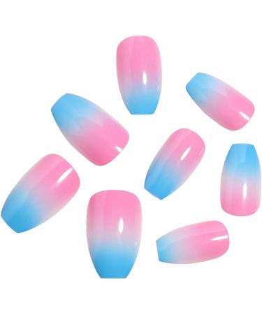 Blue Pink Gradient Fake Nail Coffin Short Press on Nails Tips Nail Art Decoration for Women and Girls Manicure 24pc - Buy Online on GoSupps.com