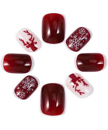 Vatocu Christmas Red False Nails - Snowflake, Elk, Snowman Design | Short Press on Acrylic Stick on Nails for Women (24pcs) - Buy Online on GoSupps.com