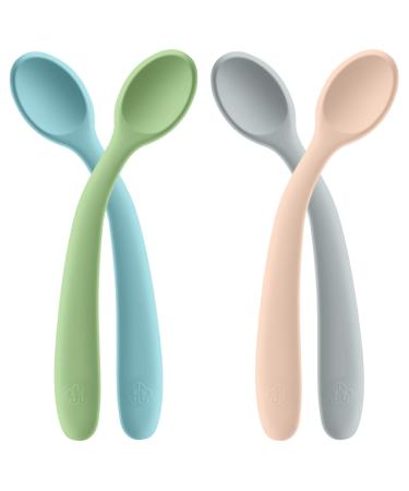 HOTUT Self-Feeding Weaning Spoons 4 Pcs Silicone Baby Spoons Toddler Utensils Spoons Easy to Grip Silicone Utensils Baby Cutlery BPA Free Reusable Kids Spoons - Green/Gray/Blue/Nude Blue Gray