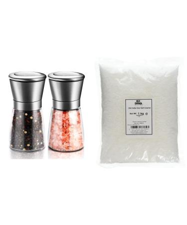 Stainless Steel Salt and Pepper Grinder Refillable and Adjustable Coarseness Manual Pepper Mill Fits in Home Kitchen Outdoor (2 Packs) & Old India Sea Salt Coarse 1 Kg