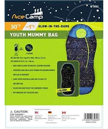 AceCamp Glow in The Dark Mummy Sleeping Bag for Kids & Youth | 30F/-1C Temp Rating | Water-Resistant for Camping, Hiking & Slumber Party - Blue - Buy Online on GoSupps.com