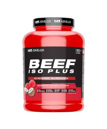 OUT ANGLED Beef Iso Plus Zero Fat Zero Sugar 90% Beef Protein Isolate with BCAAs Glutamine EAAs and Coenzyme Q10-1.8kg (Raspberry Coconut)