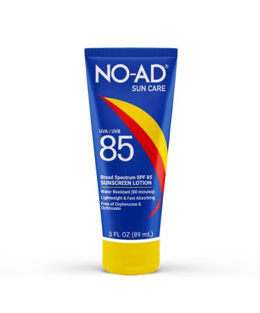 NO-AD SPF 85 Sunscreen Lotion | Broad Spectrum UVA/UVB Protection | Water Resistant | Octinoxate & Oxybenzone Free with moisturizing Vitamin E and Aloe 3oz | Pack of 3
