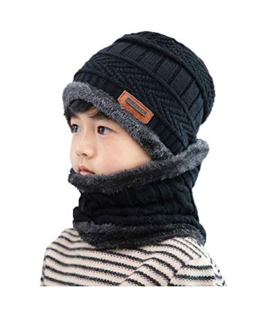 XYIYI Kids Winter Hat and Scarf Set, 2Pcs Warm Knit Beanie Cap and Scarf for 5-14 Years Old Black