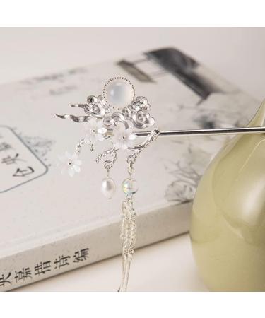 Silver Cloud Pearl Hairpin Hair Clasp Sticks Picks White Flower Crystal Long tassels Hair Accessories For Long Hair Women Wedding Hanfu Cheongsam (Silver cloud) - Buy Online on GoSupps.com