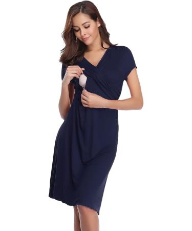 Women's Breastfeeding Nightdress Maternity Nightshirt - Nursing Loungewear Dress for Pregnant - Navy Blue XL - Buy Online on GoSupps.com