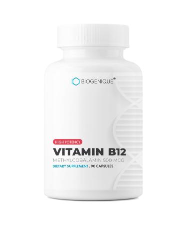 Biogenique Vitamin B12 - as Methylcobalamin Supports Energy Metabolism Nervous System Health Blood Cell Function and Methylation - Non OGM Gluten-Free Vitamin Supplement 90 Capsules