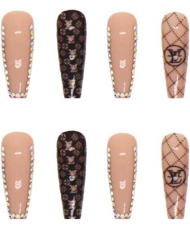 JUSTOTRY 24 Pcs Brown French Press On Nails with Diamond - Long Ballerina Stick On Nails for Women - Acrylic Coffin Fake Nails Medium - Nail Art Glue Included - Buy Online on GoSupps.com