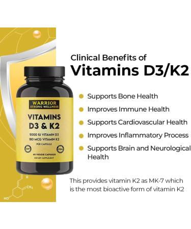 Warrior Strong Wellness Vitamin D3 and K2 Supplement - 5000IU Vitamin D3 and 180MCG Vitamin K2 Supplement - Immune, Heart Health - 2 Month-Supply, 60 Veggie Capsules - Buy Online on GoSupps.com