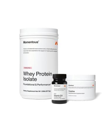 Momentous Arnold's Stack - Creatine Monohydrate Powder Essential Grass-Fed Whey Protein Powder (Strawberry) & Vitamin D3 (2000 IU) - Daily Fundamentals to Support Muscle Strength & Longevity